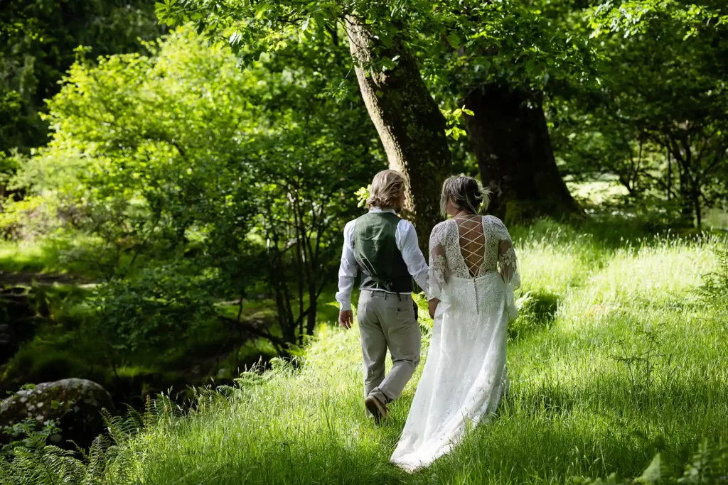 Couple on their Elopement day walking through the irish countryside