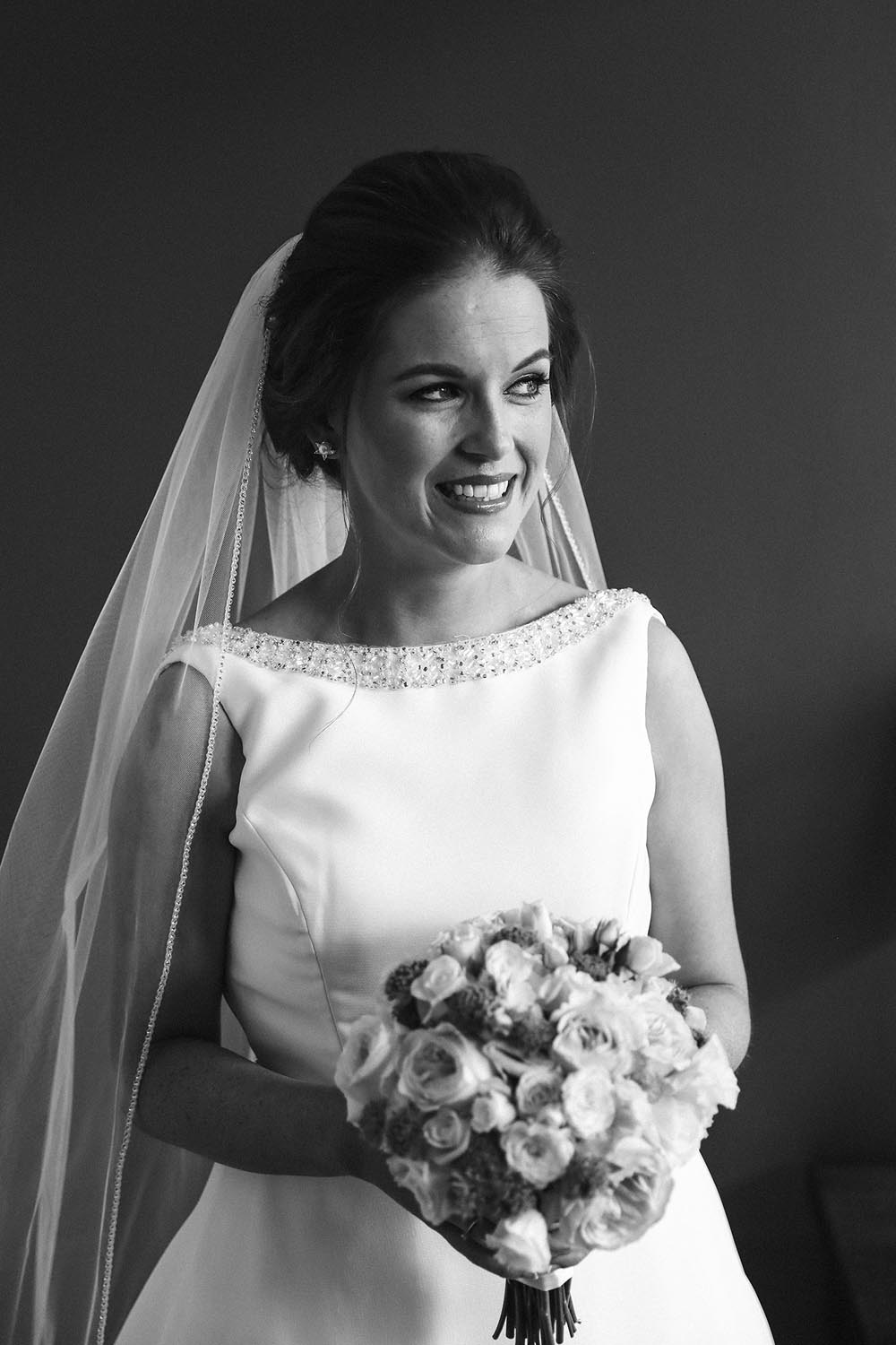Black and white portrait of a bride